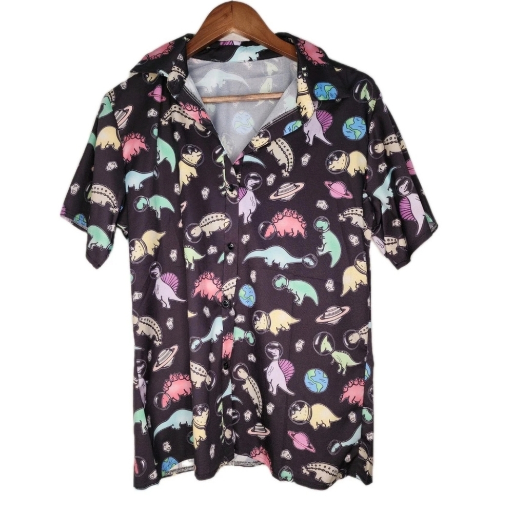 Sweaty Rocks Space Dinosaur Unisex Shirt in Black Multicolor Size S and M